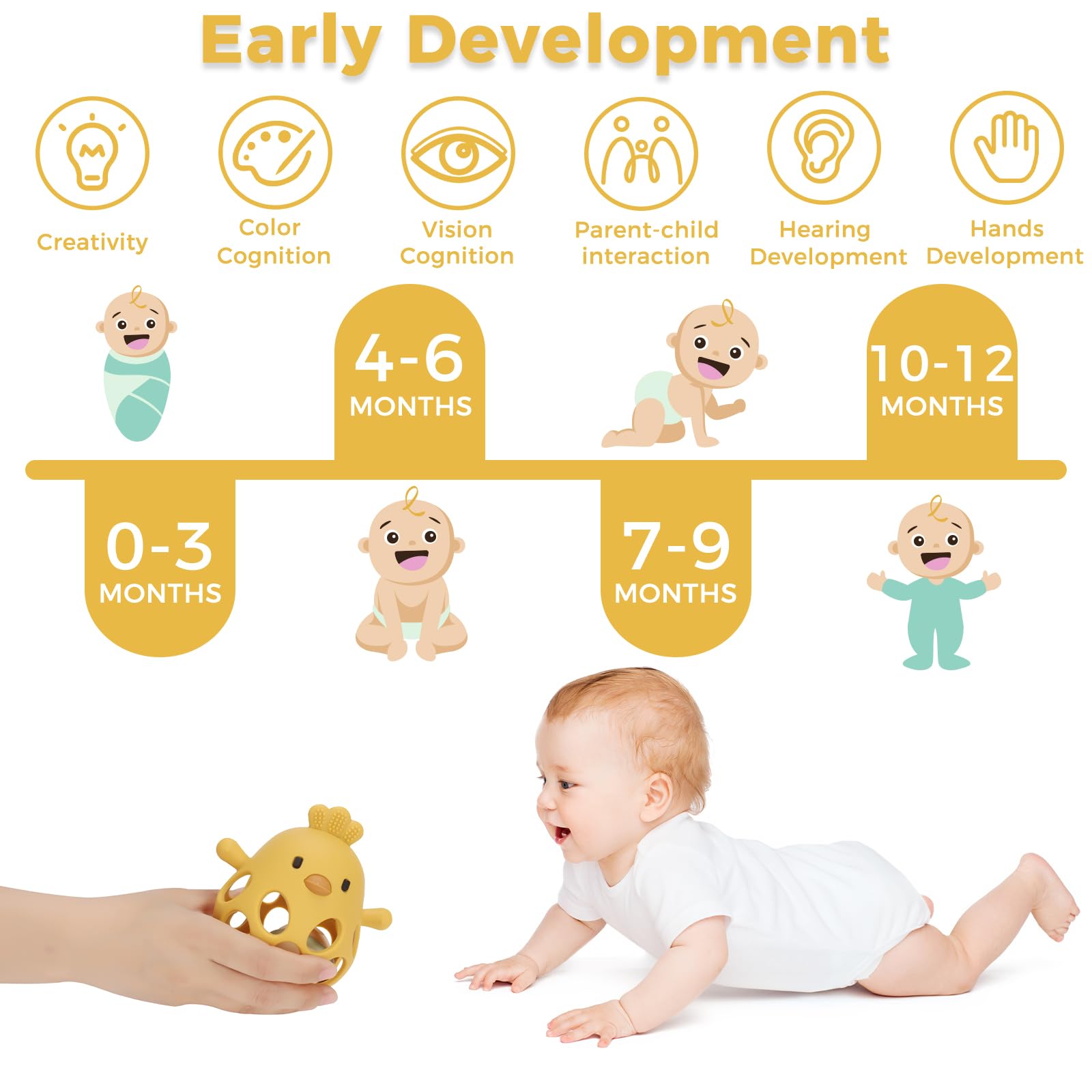 Venditer Juguete Sensorial Montessori Para Bebés 0-12 Meses | Sonajero De Silicona Con Forma De Pollo De 14.5x9.5x8.5 Cm | Mordedor Y Pelota De Agarre