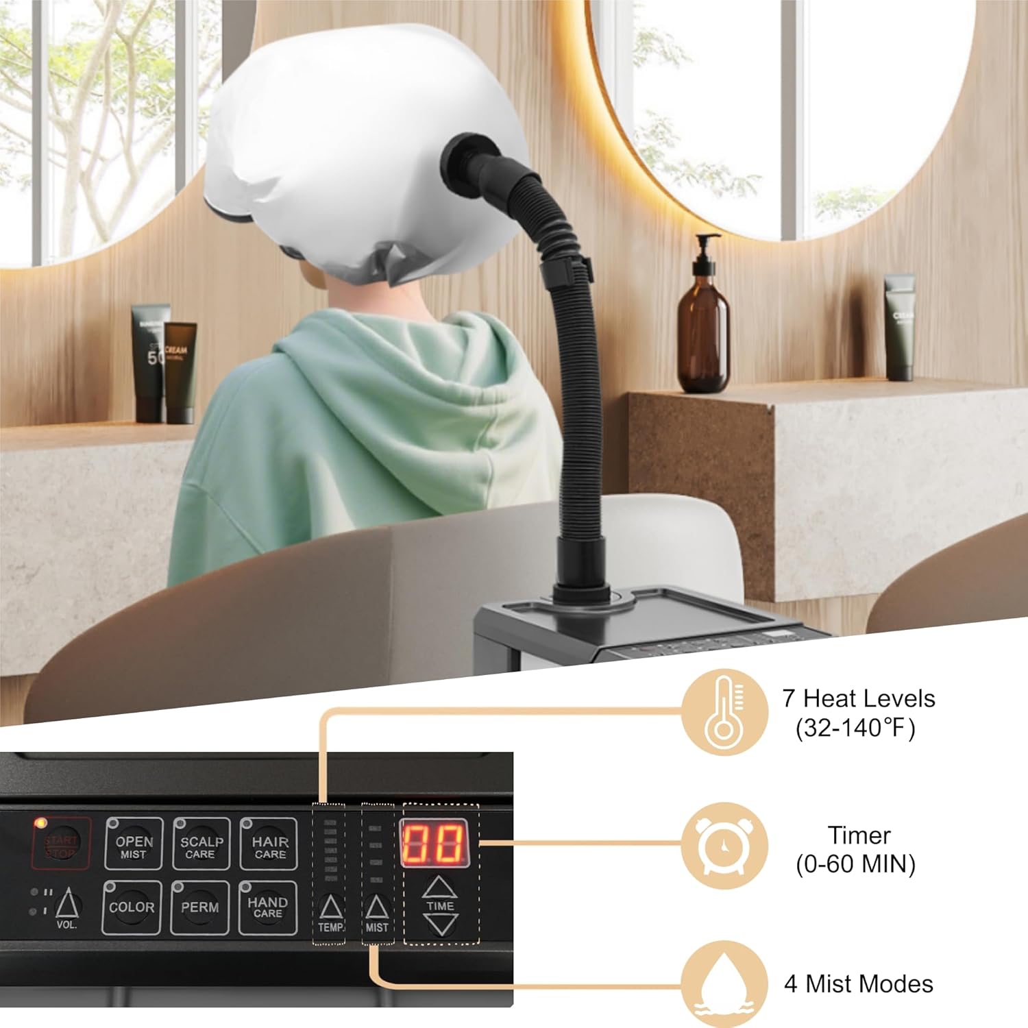 Nano Mist Hair Steamer, 500W Professional Hair Care Machine with 7 Temp & 4 Mist Modes, 34in Hose & Wheels for Scalp Detox, Coloring, Perming, Home Salon Use, 110V