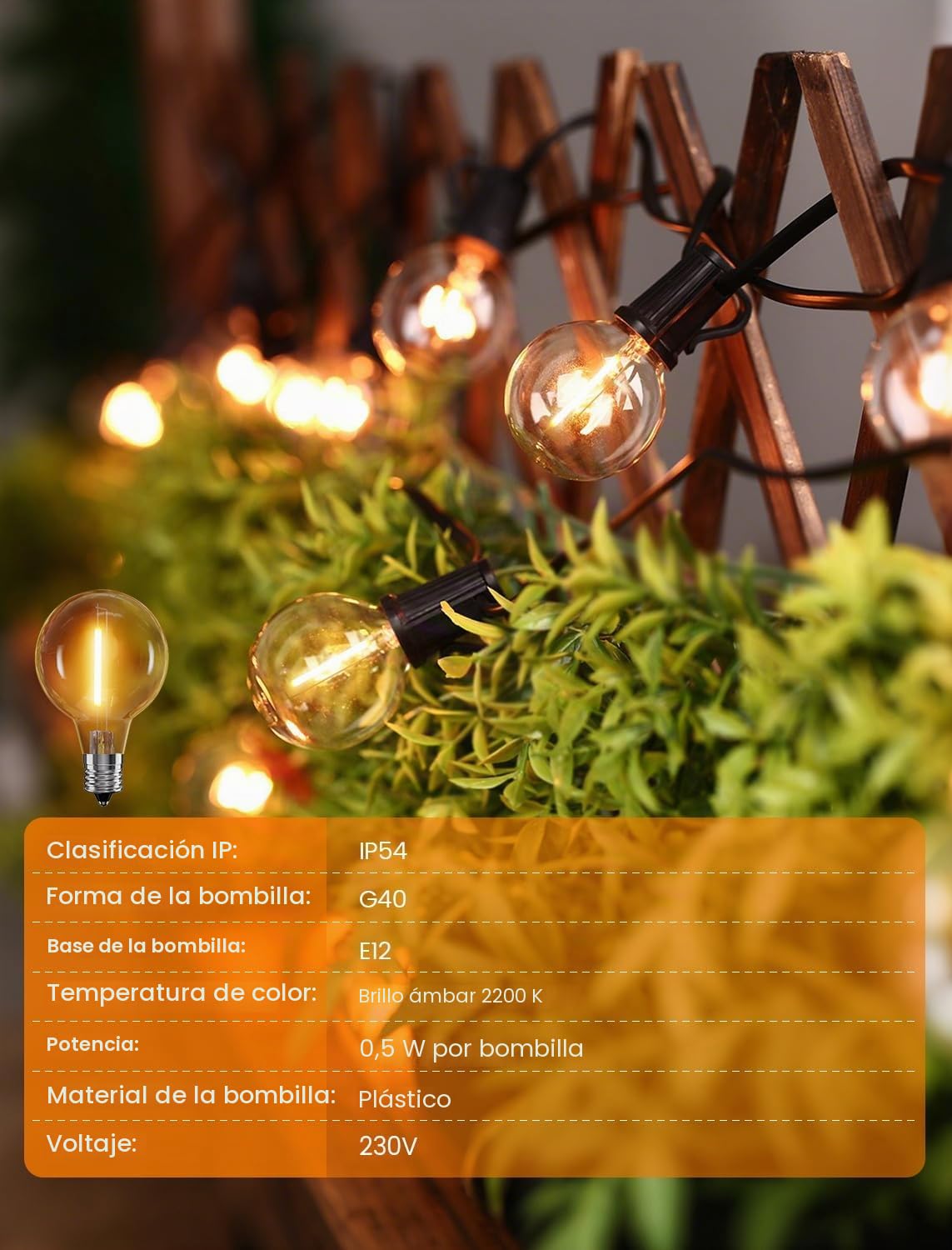 Torkase Guirnaldas de Luces Exterior, 50M LED Cadena de Luz con 56+2 Bombillas, IP54 Impermeable Guirnaldas Luminosas Exterior y Interior Deco para Jardín, Patio, Fiesta,Terraza