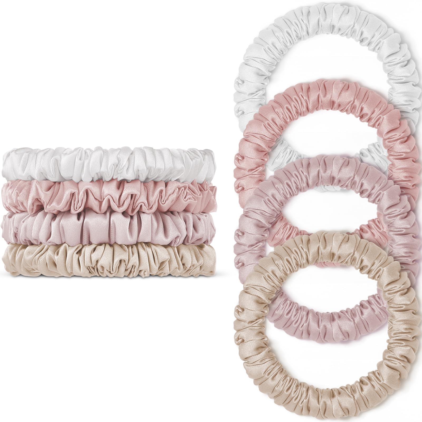 Scrunchies Haargummis Seide Satin Scrunchy, WantGor Damen 4PC Pure Mulberry Silk Skinny Elastische Haargummis Haarbänder Armbänder Pferdeschwanzhalter Haarschmuck (Champagner, weiß, rosa, hellrosa)