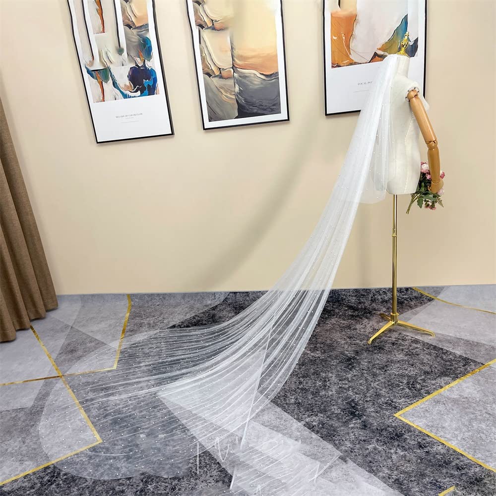 Ślub Welon slubny z grzebieniem sztuczna perla dwuwarstwowy dlugi welon slubny o dlugosci katedralnej welon slubny dla narzeczonych (Color : Ivory, Size : 250cm)
