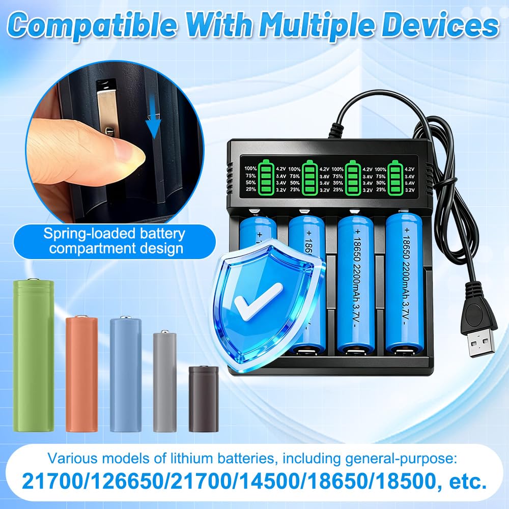 Cargador Pilas Recargables 18650, SGZIOO Cargador Pilas USB C con 4 Piezas 2200 mAh Baterías con Terminal Elevado, para 3.7V Li-Ion Recargable Batería 18650, 21700, 26650, 14500, 18500