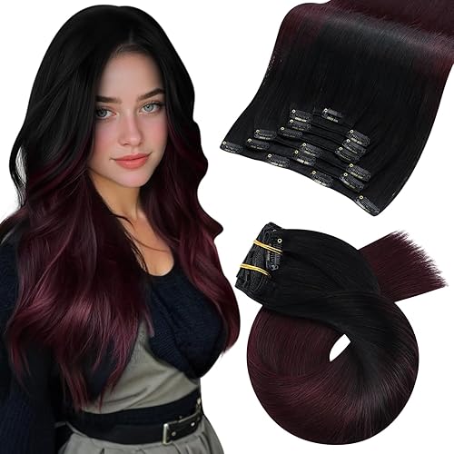 Moresoo Clip in Hair Extensions Dark Red Hair Extensions Clip ins Long Black to Burgundy Ombre Double Weft #1B/99J Balayage Natural Black to Deep Wine Red Long And Straight 120g/7pcs 20 inch