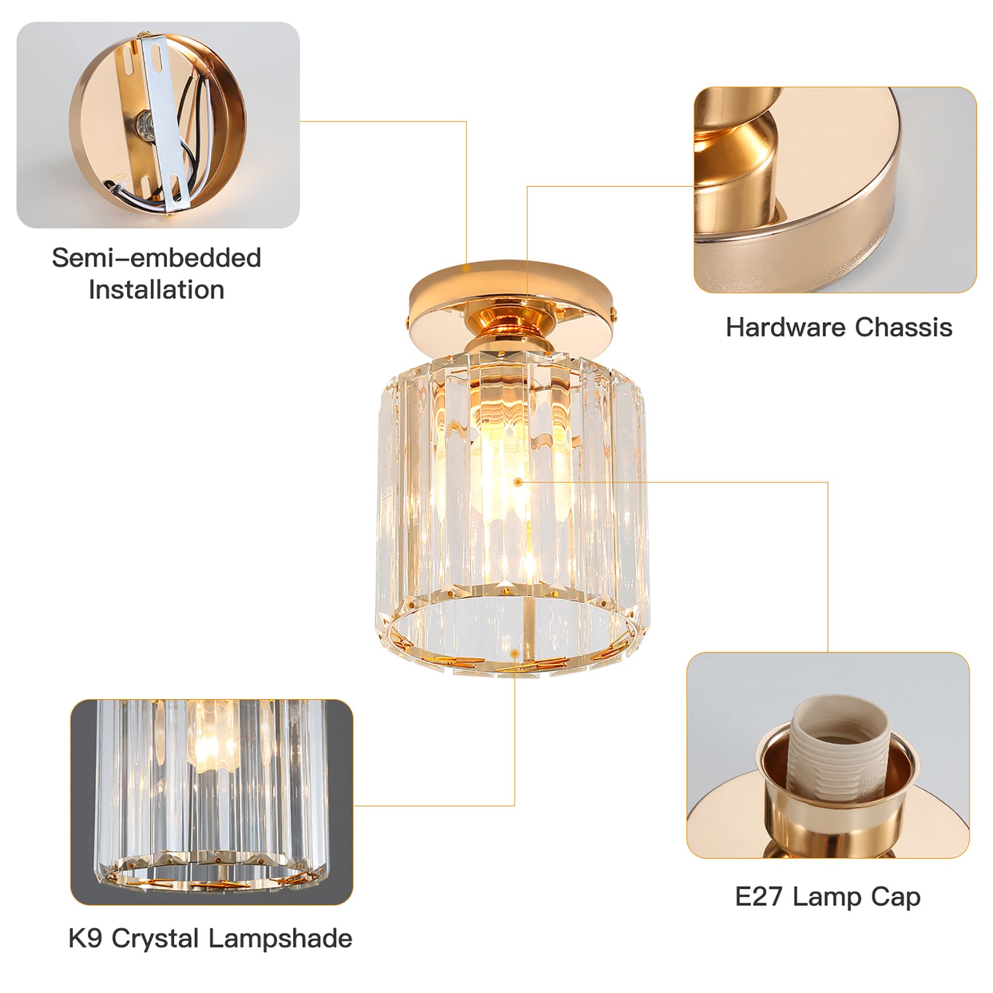 Moderna Luz De Techo De Cristal, Mini Lámpara De Techo De Cristal Dorado E27 Araña Redonda, Para Pasillo Entrada Cocina Dormitorio Sala De Estar Iluminación