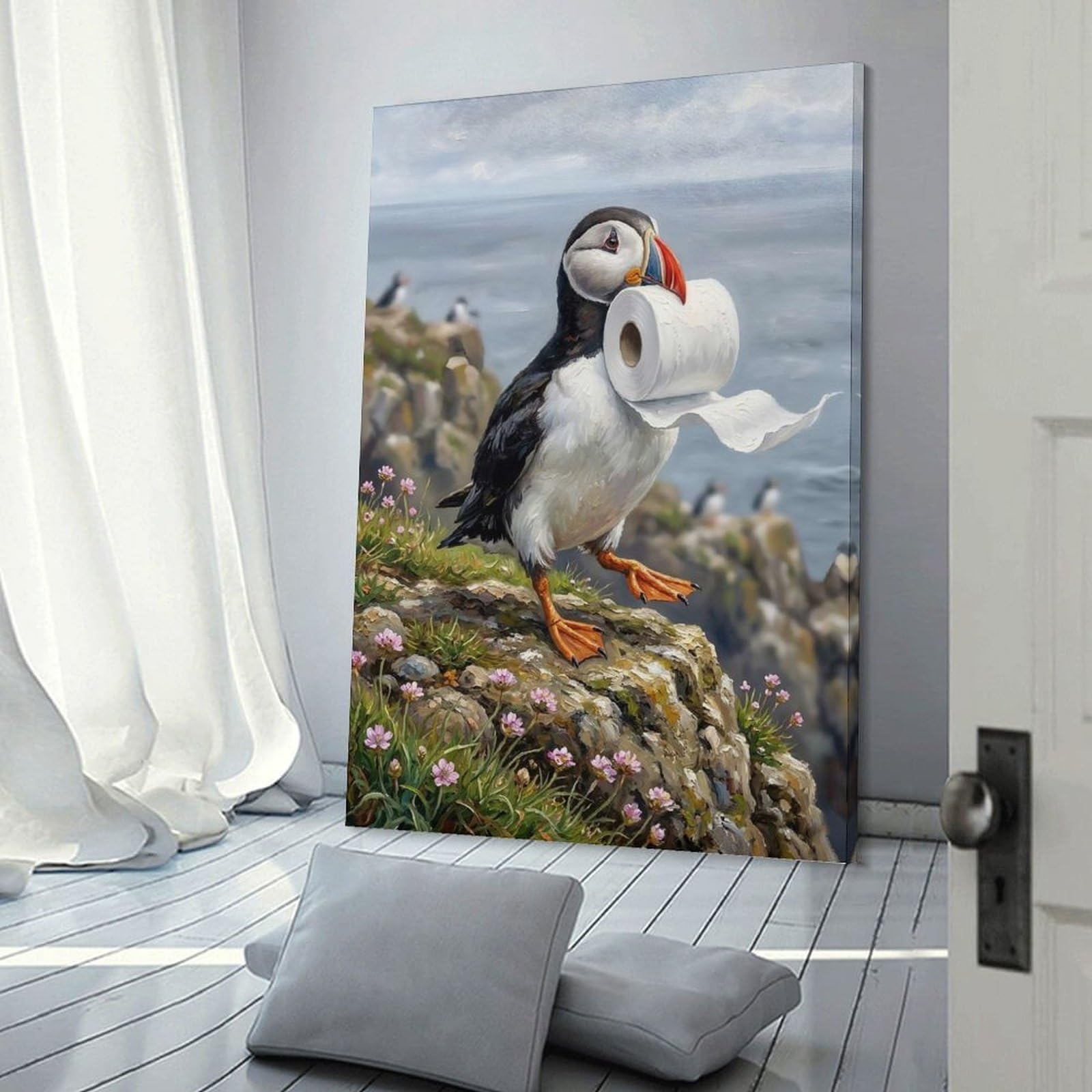 Junmoney Hanging Wall Art Puffin Carrying Toilet Paper, 08x12inch(20x30cm), for Work Areas, Reading Rooms Or Studios, Wall Art That Adds Style to Work Areas