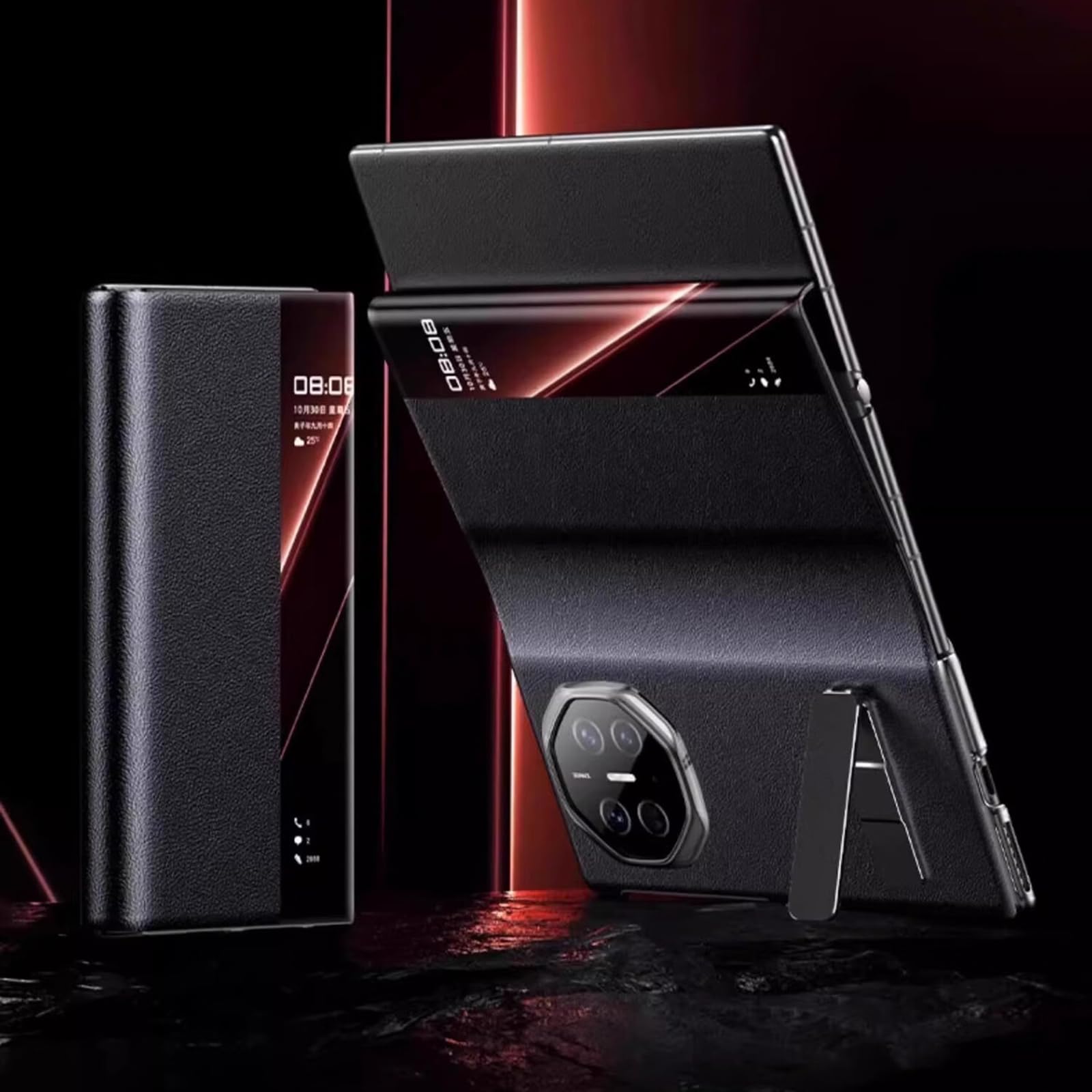 Pokrowiec na Huawei Mate XT, magnetyczne zamknięcie otwierane etui z prawdziwej skóry z funkcją inteligentnego widoku okna luksusowa biznesowa podpórka Shell, czarny, Mate XT