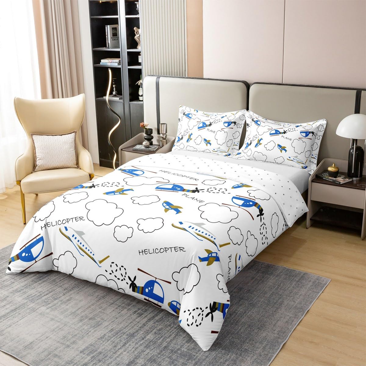 Homewish Śmigłowiec dziecięcy, 100% bawełna, poszewka na kołdrę, podwójna, samolot, mikrofibra, zestaw pościeli dla dzieci, chłopców, dziewcząt, samolot, poszewka na kołdrę do sypialni, samolotu