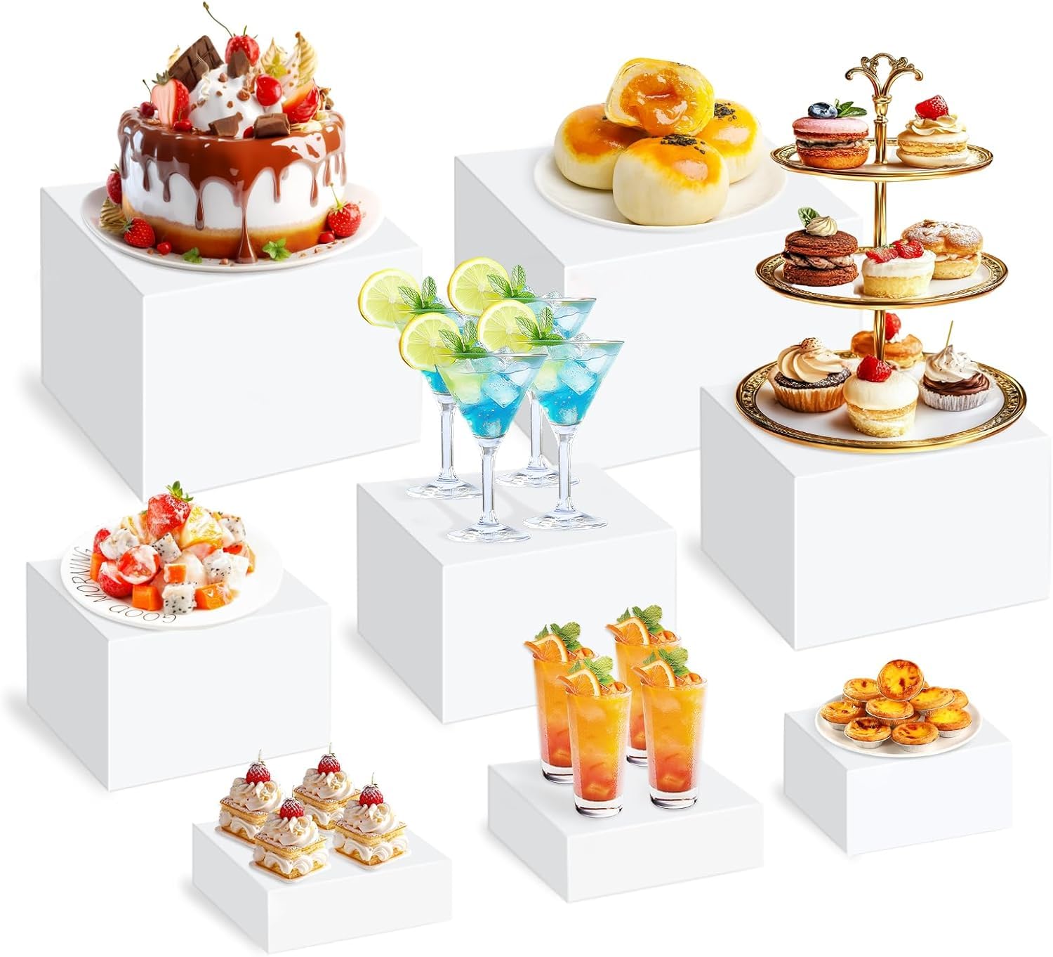 Soporte de Pastelería Decorativos, Juego de 8 oporte Exhibición de Alimentos para Buffet, Soporte Tartas, Mesa Dulce Accesorios para Bodas/Fiestas/Eventos, Blanco