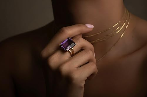 Vista 4 de Anillo de amatista de oro rosa de 14 quilates, anillos de piedra natal de corte esmeralda, elegantes anillos morados para mujer, joyería fina
