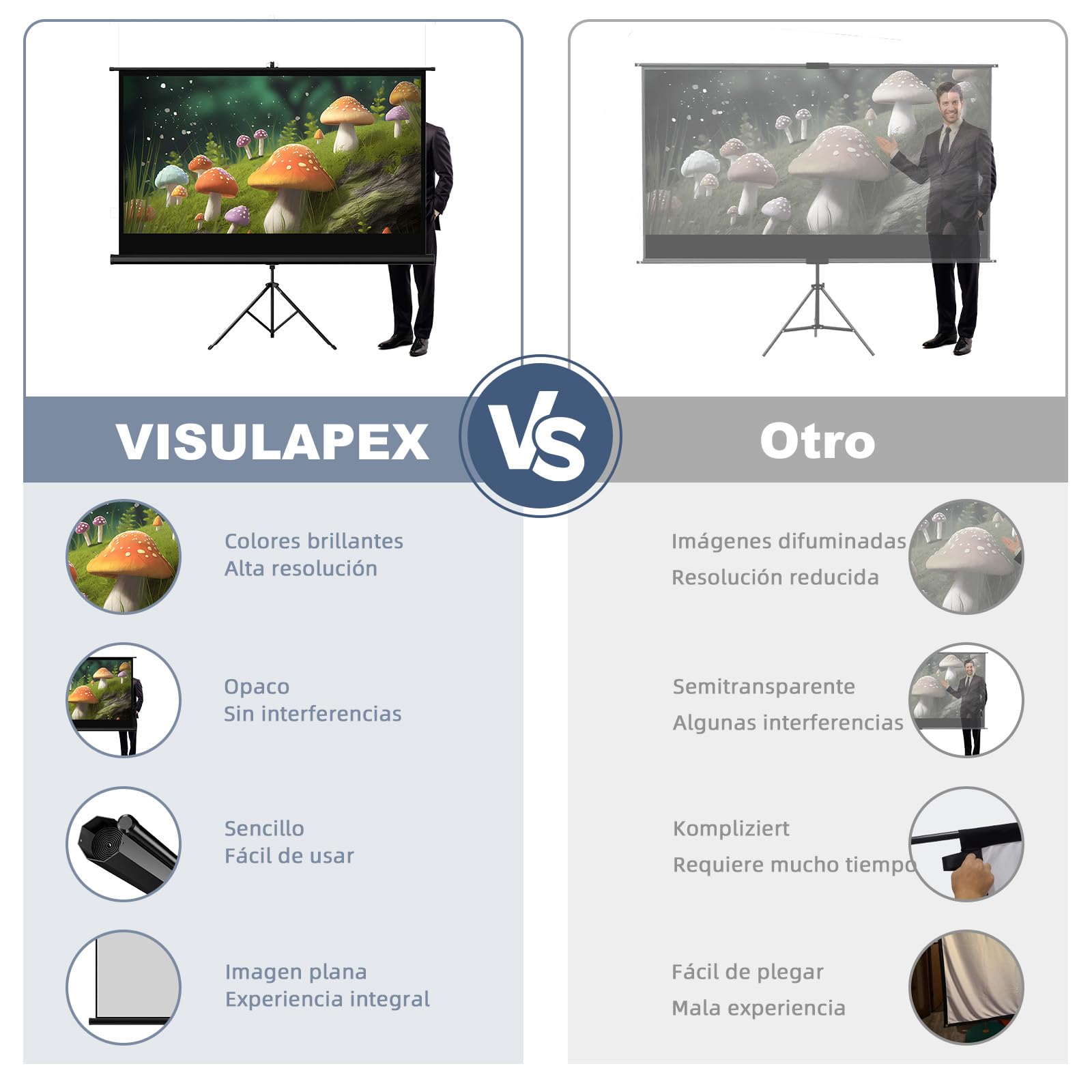 VISULAPEX - Pantalla de proyección en pie, 16:9 videoproyector ajustable con bolsa de transporte, proyector interior exterior para películas y presentaciones