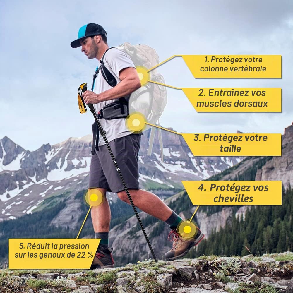 Glymnis Bâtons de randonnée 7075 - En aluminium - Réglable de 110 à 130 cm - Fermeture par serrage avec 4 paires de tampons en caoutchouc pour trekking, Noir , 110cm-130cm