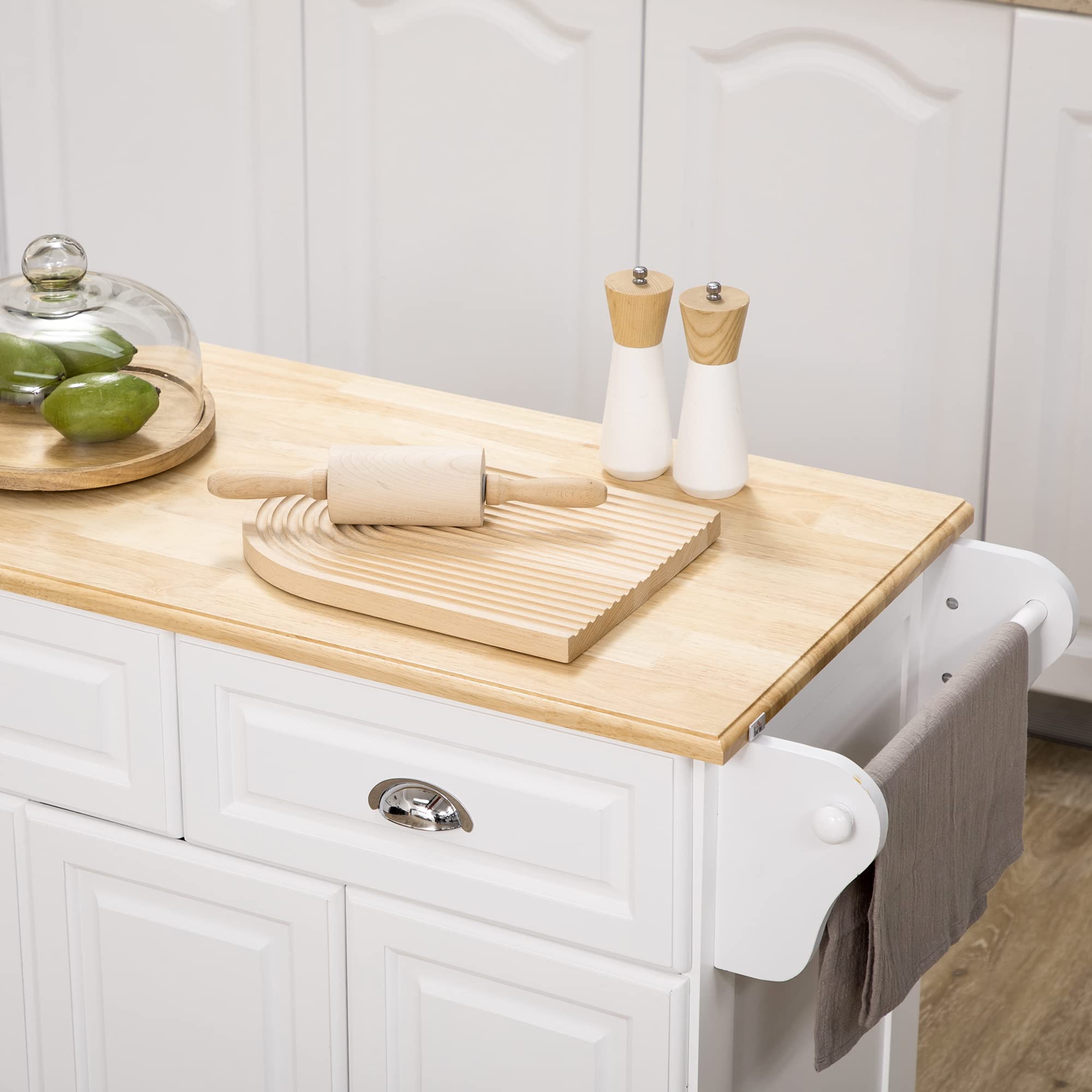 HOMCOM Ilot de Cuisine Chariot de Cuisine à roulettes Desserte Polyvalent avec 2 tiroirs 3 Portes Porte-Serviettes et Porte-épices pour Salle à Manger dim. 110L x 45l x 91H cm Blanc