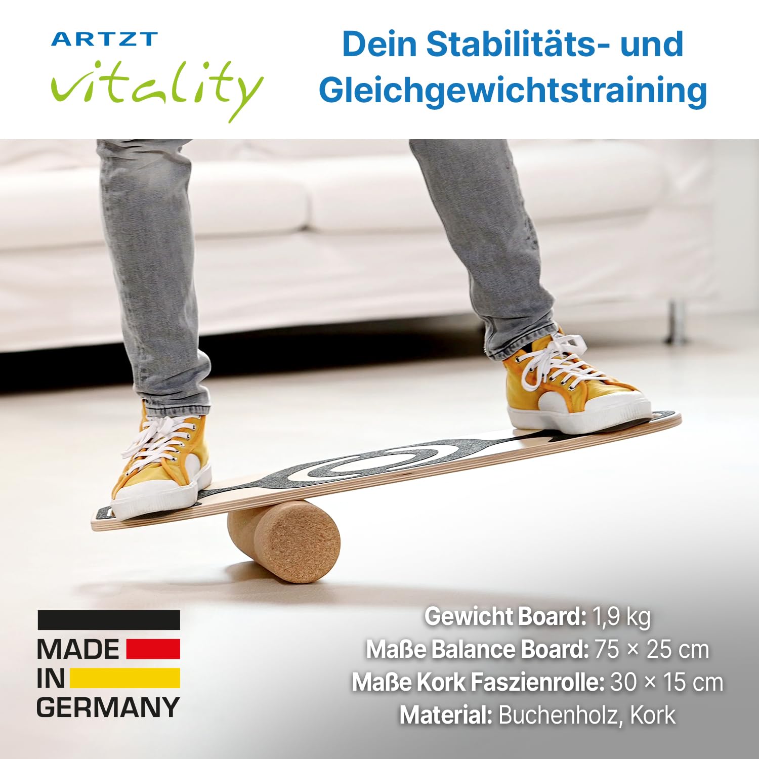 Balance Board mit Korkrolle | Gleichgewitchtsboard aus Holz bis 120kg für Koordinationstraining Gleichgewichtstraining Balance-Board Surfbrett Erwachsene | Made in EU Buche, 75 x 25 cm