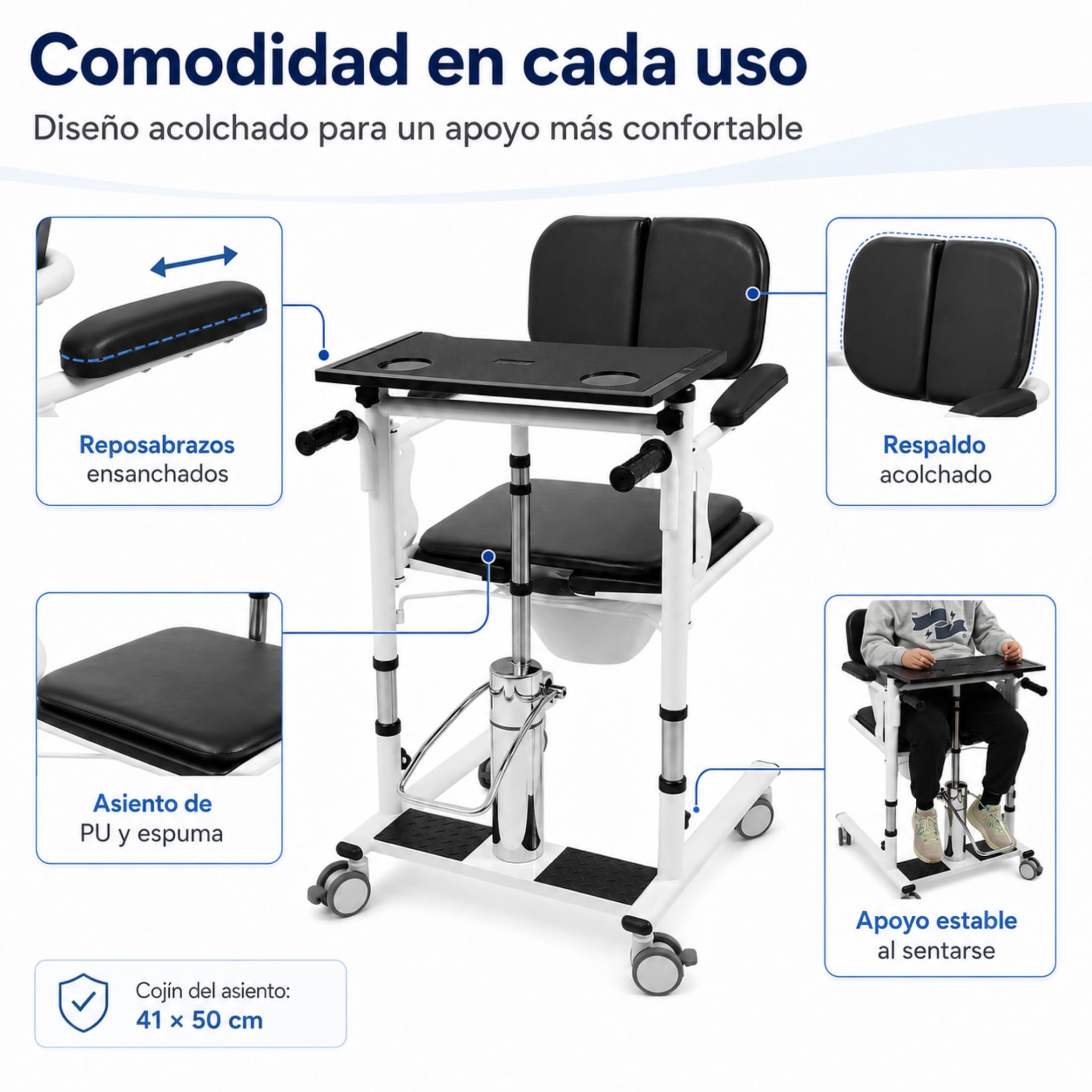 Elevador hidráulico para pacientes, silla de transferencia, 150 kg, altura regulable, silla de ducha con ruedas, silla para inodoro, asiento plegable de 180°, 4 ruedas de freno con bandeja + orinal