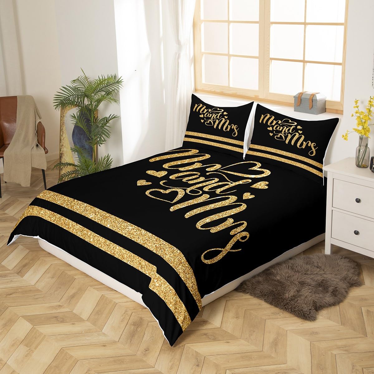 Manfei Mr and Mrs Duvet Cover Set Double Size, Gold Glitter Comforter Cover with 2 Pillowcases - Image 2