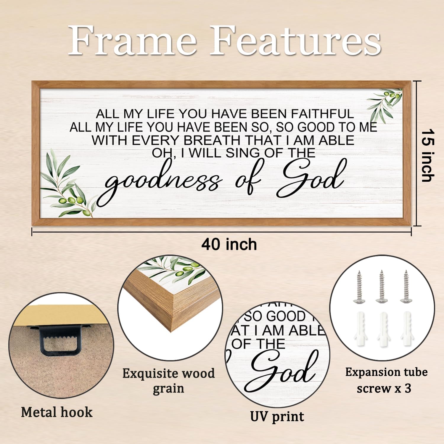 Goodness of God Christian Wall Decor: 40x15 Inch Large Framed Christian Inspirational Wall Art, Religious Scripture Quote Wooden Sign, Black Frame Christian Home Decor for Living Room Bedroom, Natural