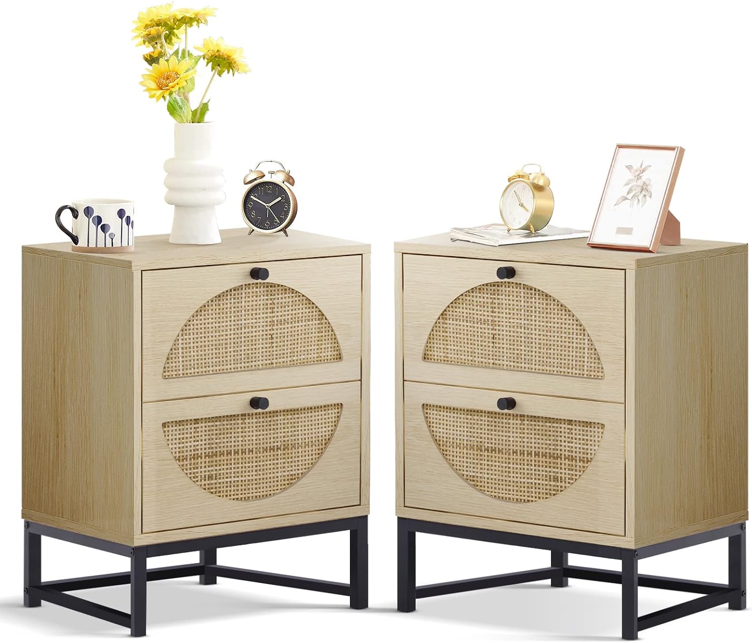 Lamerge Rattan Nightstands Set of 2,Boho Bedside Table Set