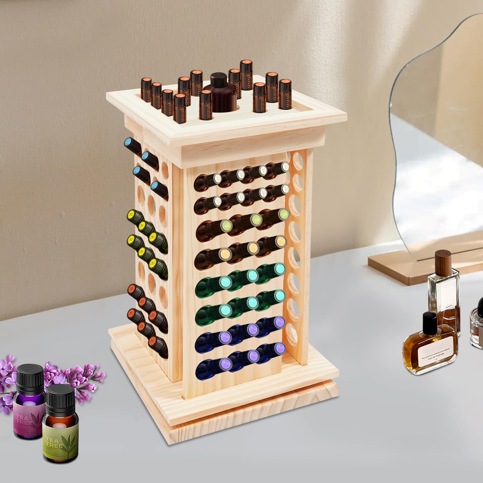 Organisateur rotatif en bois pour huiles essentielles, vernis à ongles, rouges à lèvres, cosmétiques, stain, papier d'essai de parfum avec 125 trous
