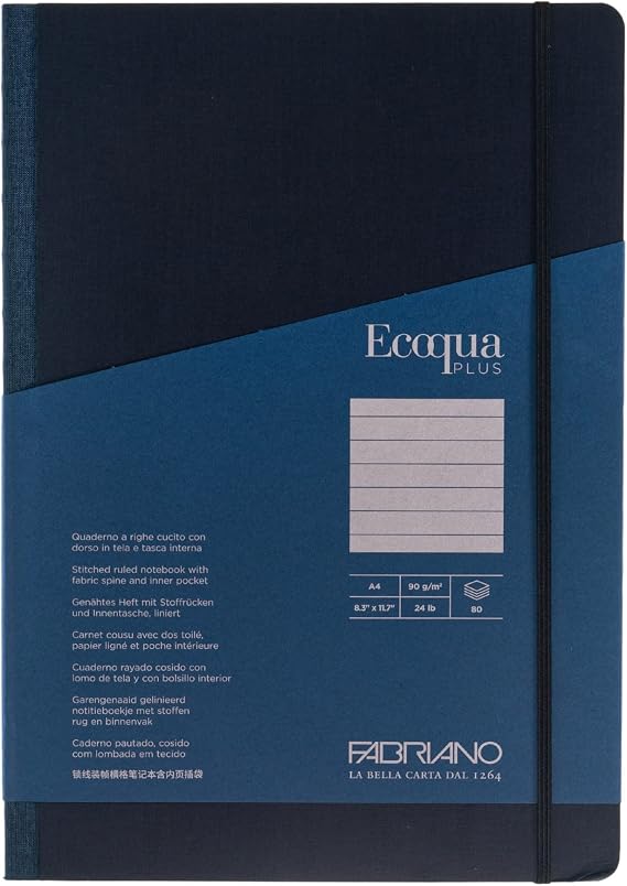 Fabriano Ecoqua Plus Fabric-Bound Notebook, 8.3 x 11.7, A4, Lined, Navy
