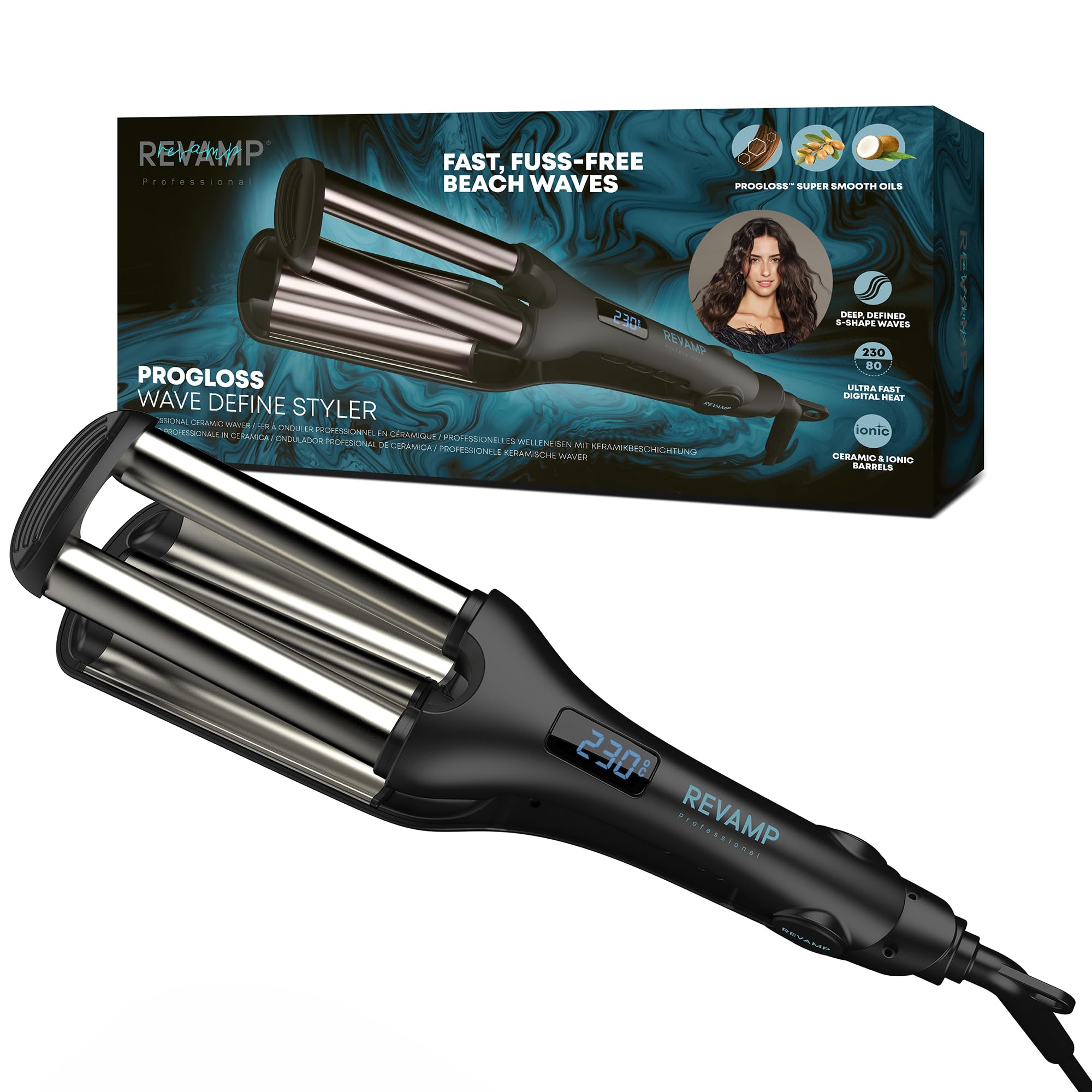 Revamp Progloss Wave Define Styler Professional, Ionen-Technologie, Zylinder angereichert mit Progloss Super Smooth Keratin, Argan- und Kokosöl, kräuselfreies Design für geschmeidige S-Wellen