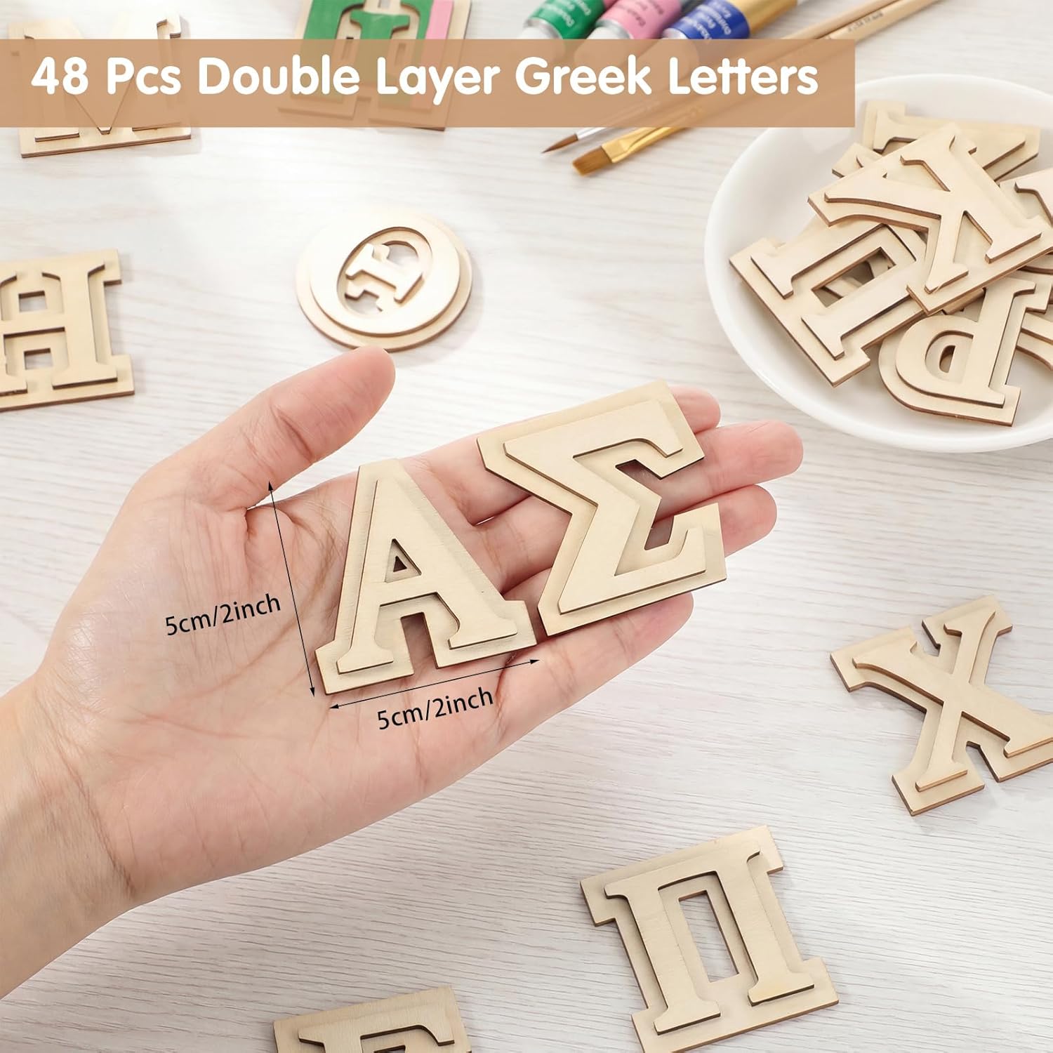 DoubleFill 48 Pcs Double Layer Wooden Greek Letters 2 Inch Unfinished Wood Greek Alphabets Letters Small Wooden Alphabet Pieces for Crafts Paddle DIY Painting Arts Project Home Wall Decor