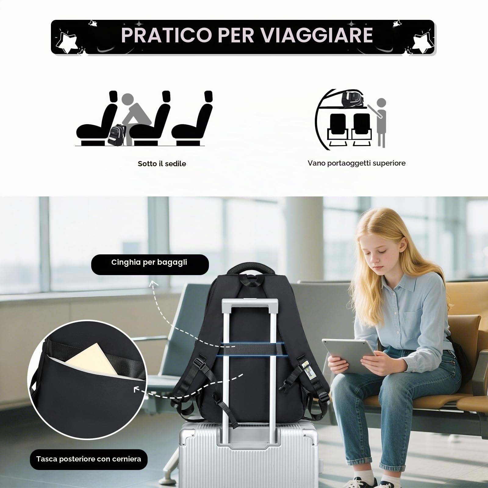 Tanou Zaino Ragazza Scuola Media e Superiore | Zaini Grande in Nylon per Ragazze Adolescenti, Zaino Casual Impermeabile per la Scuola Viaggio con Tasca Porta Pc, Nero