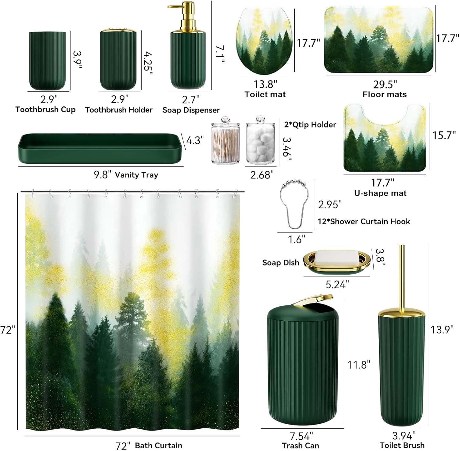 Green and Gold Bathroom Accessories, Bathroom Sets with Shower Curtain and Rugs, Bath Rugs Accessory Set with Bathroom Trash Can, Soap Dispenser, Soap Dish for Home Decor