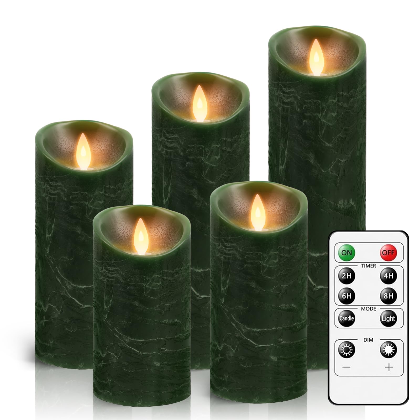 AiiBowy LED Candles [Set of 5] Flameless Candle - Battery Operated, 24 Hour Timer Function with Remote Control, Dancing Flame - LED Taper Candles Home Decoration, Christmas, Party (2#Green)