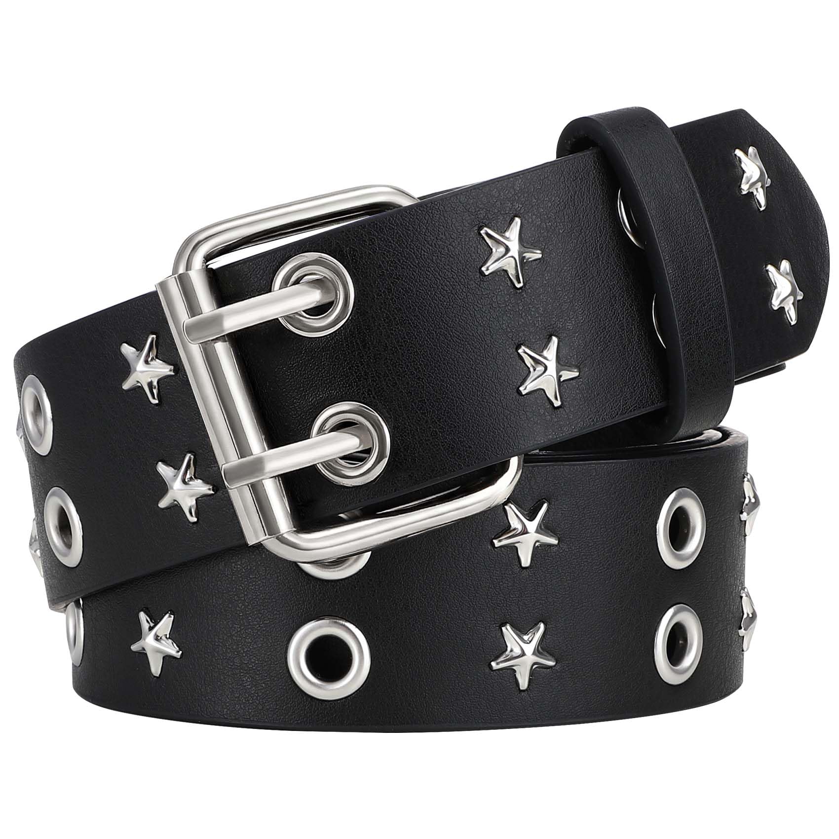 XZQTIVE Double Grommet PU Leather Belt for Women Men Punk metal Jean Belt Wide 1.5 Inch