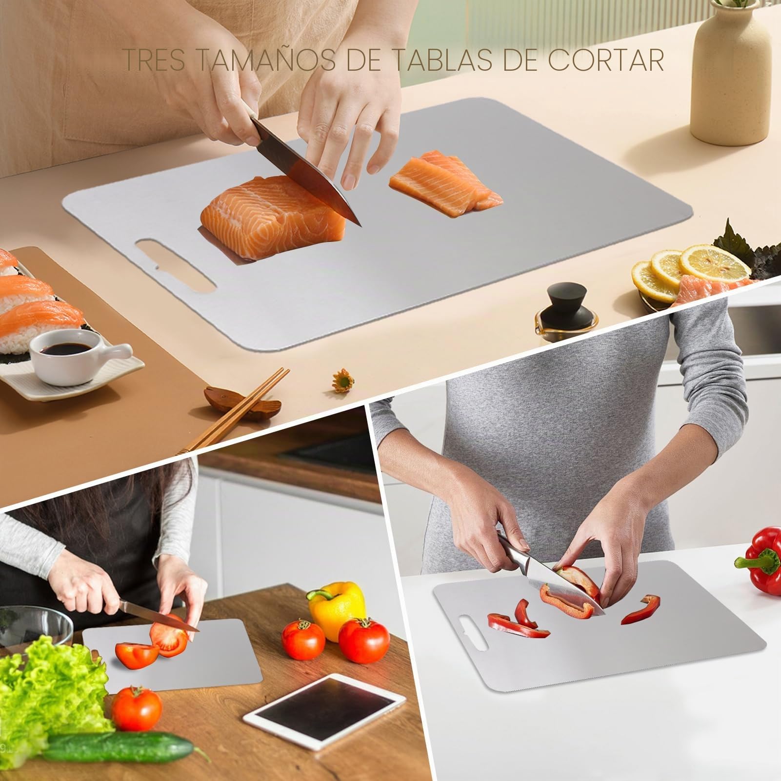 Juego de tres tablas de cortar de doble cara, tabla de cortar de acero inoxidable, tabla de cortar de acero inoxidable 304 para verduras, carne y frutas (L)