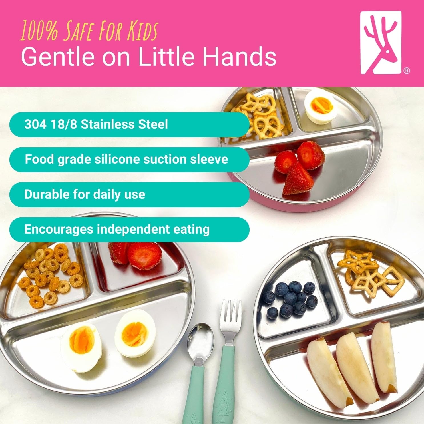 Elk and Friends Platos de acero inoxidable subdivididos con funda de silicona para bebés y niños pequeños, tapa incluida, ventosa, platos de comida y aperitivos, 4 unidades