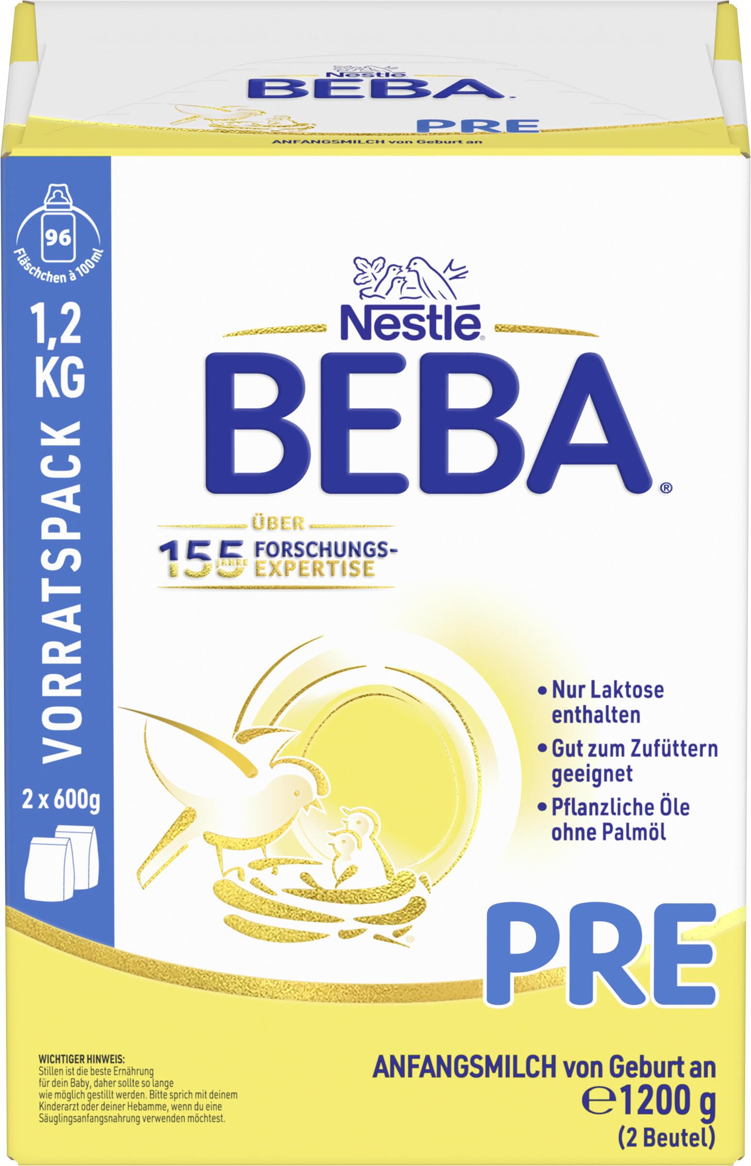 BEBA PRE Anfangsmilch von Geburt an, Nur Laktose, Ohne Palmöl, Ohne Fischöl, Babynahrung, Baby-Milchpulver, Vorratspack 1er Pack (à 2 x 600g)