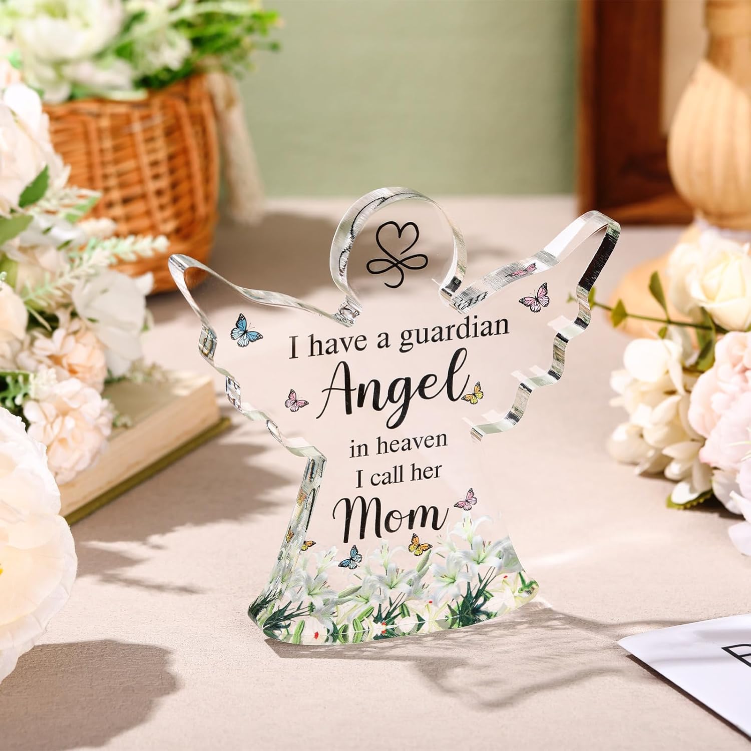 Jetec Sympathy Bereavement Gift Angel Red Cardinal Acrylic Memorial Gift for Loss of Loved One Remember Me Grieving Keepsake for Mom Dad Grandma Friend(Mom Angel)
