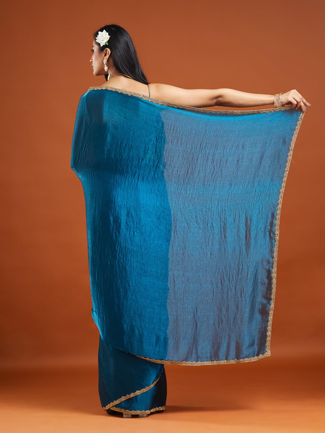 LOROFY Women's Two Tone Fendy Chiffon Saree (Rama) - Image 2 thumbnail