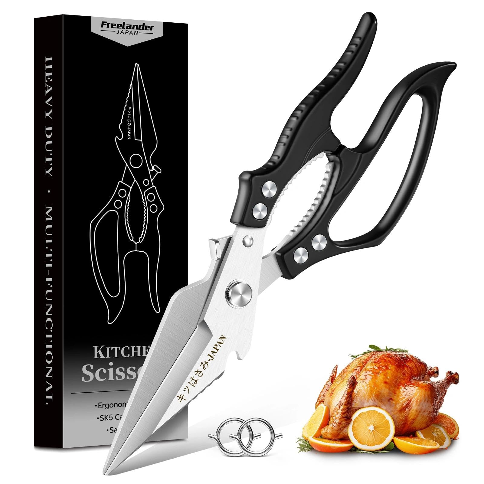 Freelander Poultry Shears Heavy Duty Kitchen Scissors for Chicken, Bone, Meat, Fish, Vegetables, Meat Scissors Kitchen Shears Poultry with Non-Slip Handle, Black