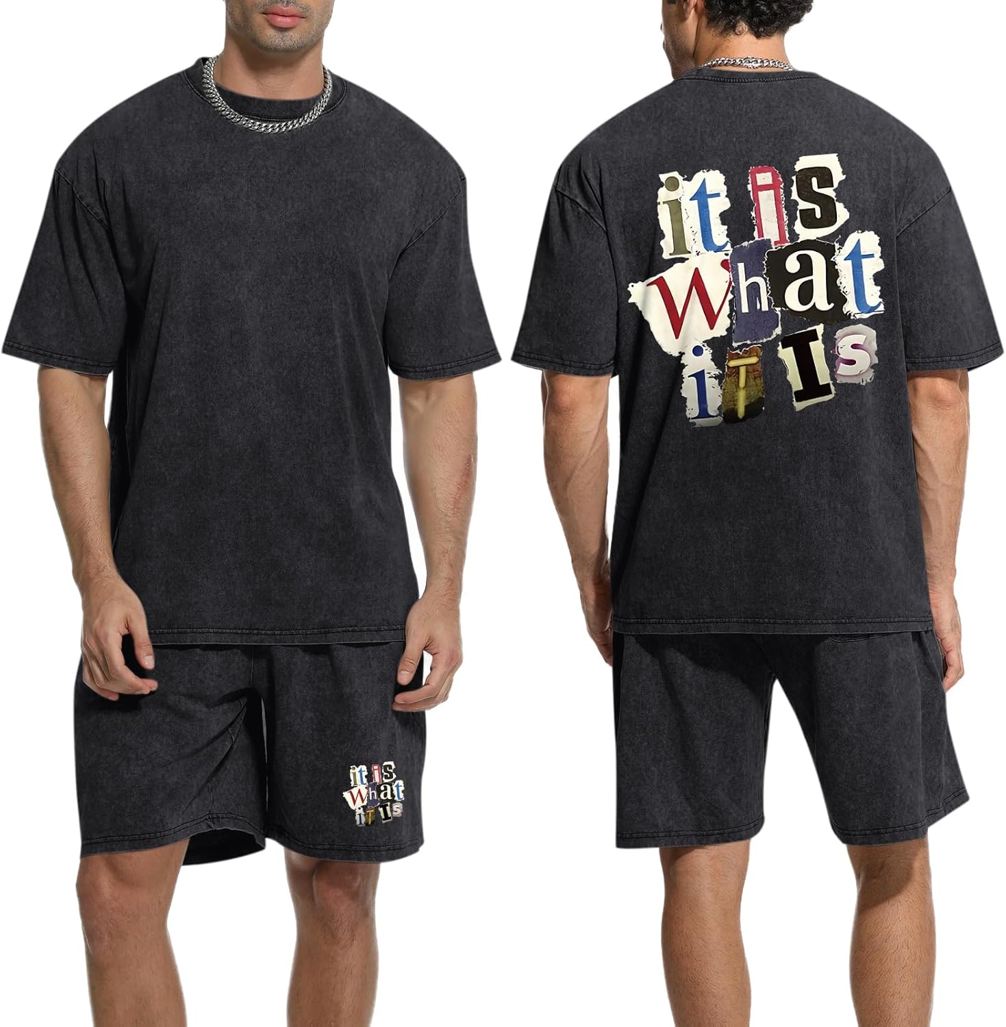 Men's 2 Piece Short Sets Vintage Graphic Letter Print Washed Short Sleeve T Shirts and Drawstring Shorts Set