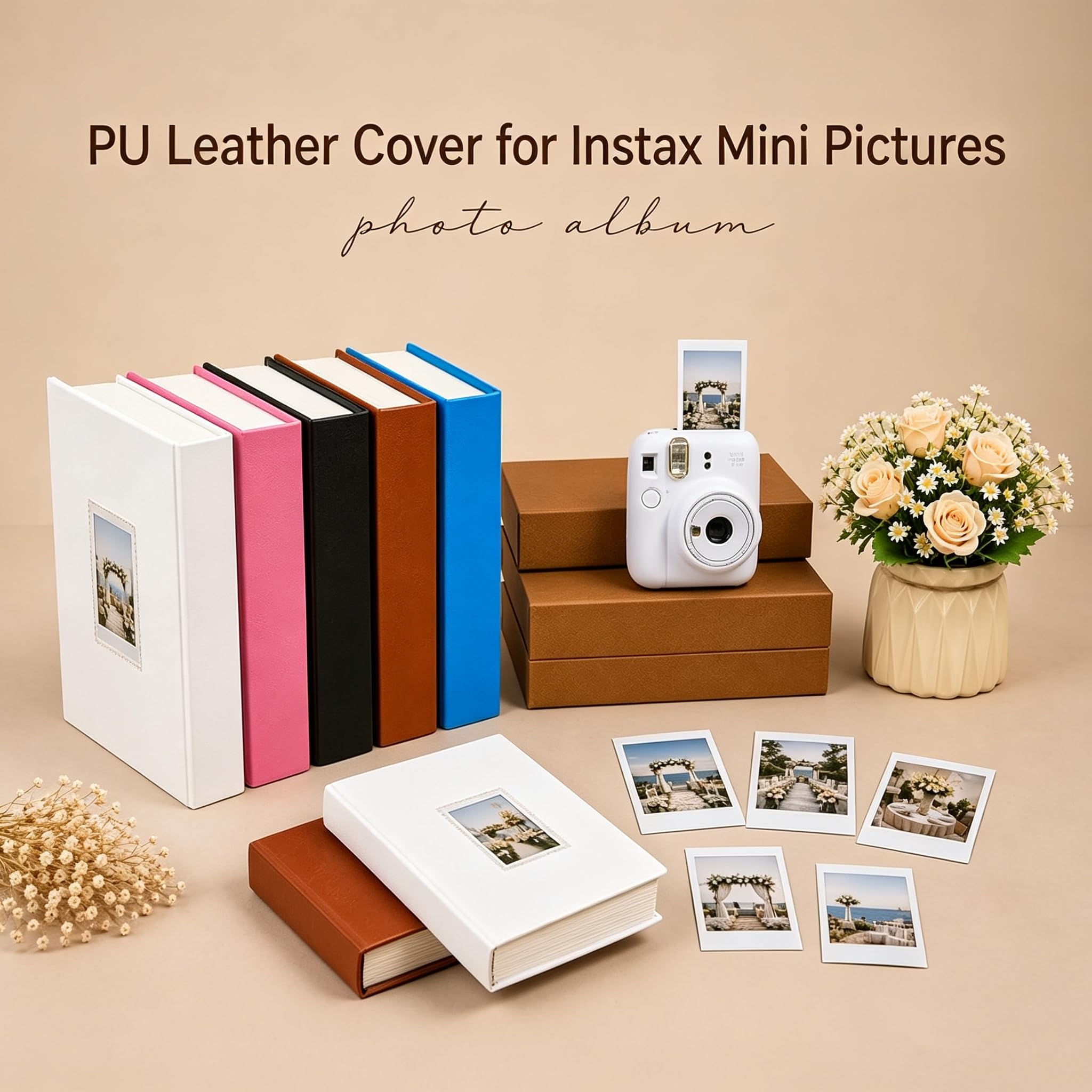 Ruibytree Álbum de Fotos 128 Bolsillos para Instax Mini y Polaroid, Blanco | Espacio para Escribir, Cubierta Rígida de PU, Páginas de Alto Gramaje, Ventana Frontal, Carga Superior, Libro de Recuerdos