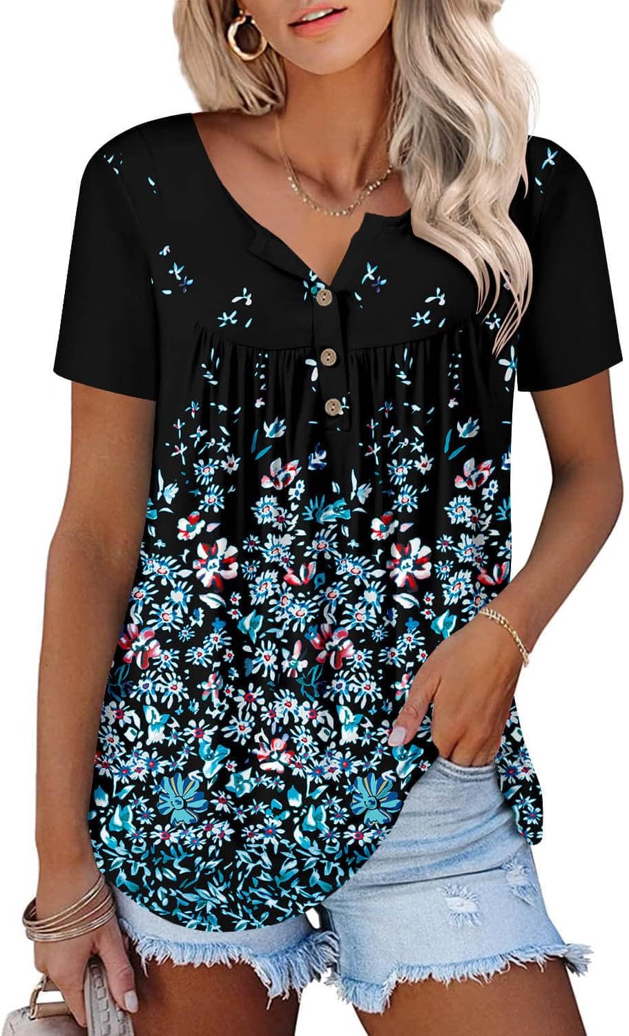 ONLYSHEWomens Summer Short Sleeve Shirts V Neck Tops Casual Tunic Floral Ruffle Blouse