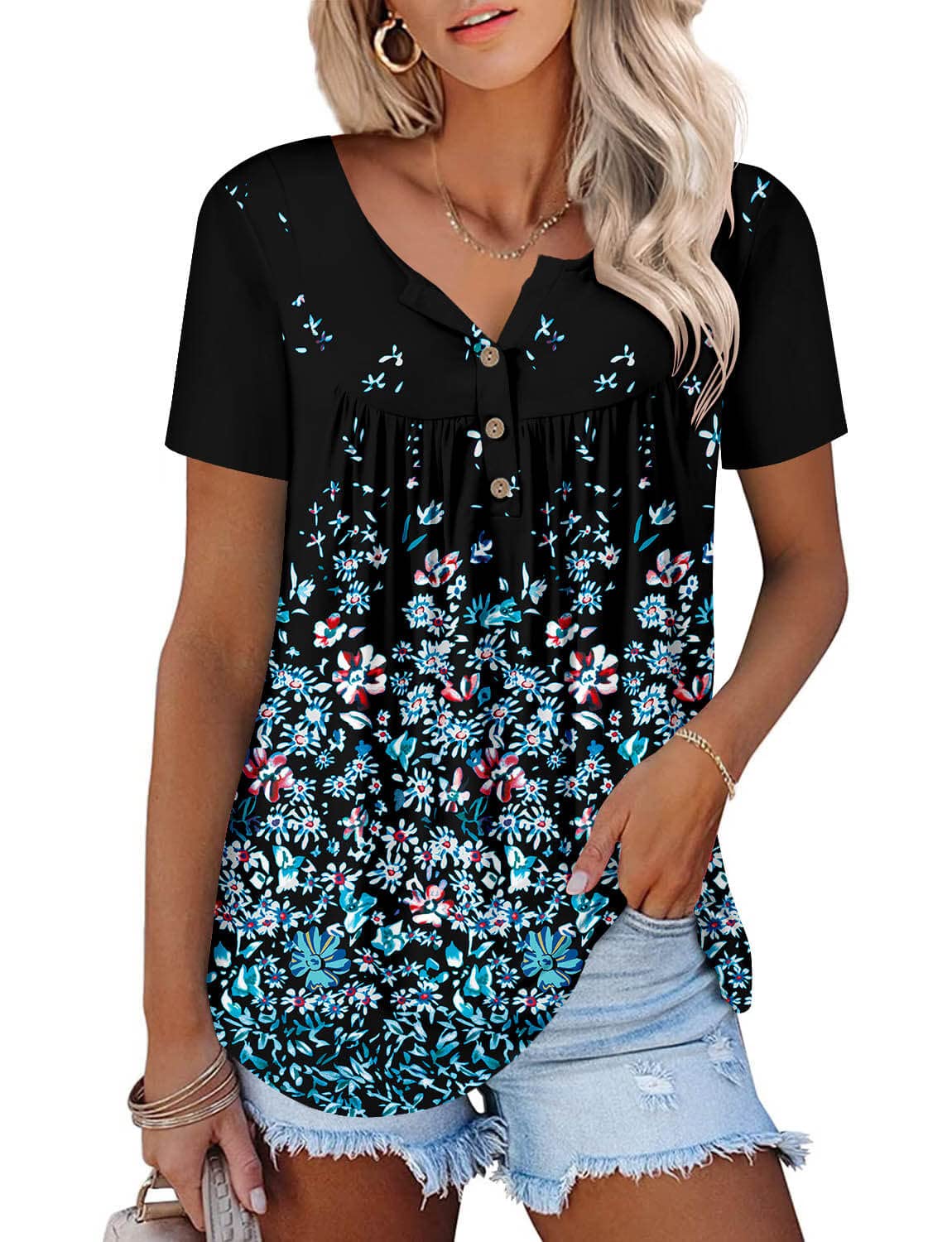 ONLYSHEWomens Summer Short Sleeve Shirts V Neck Tops Casual Tunic Floral Ruffle Blouse