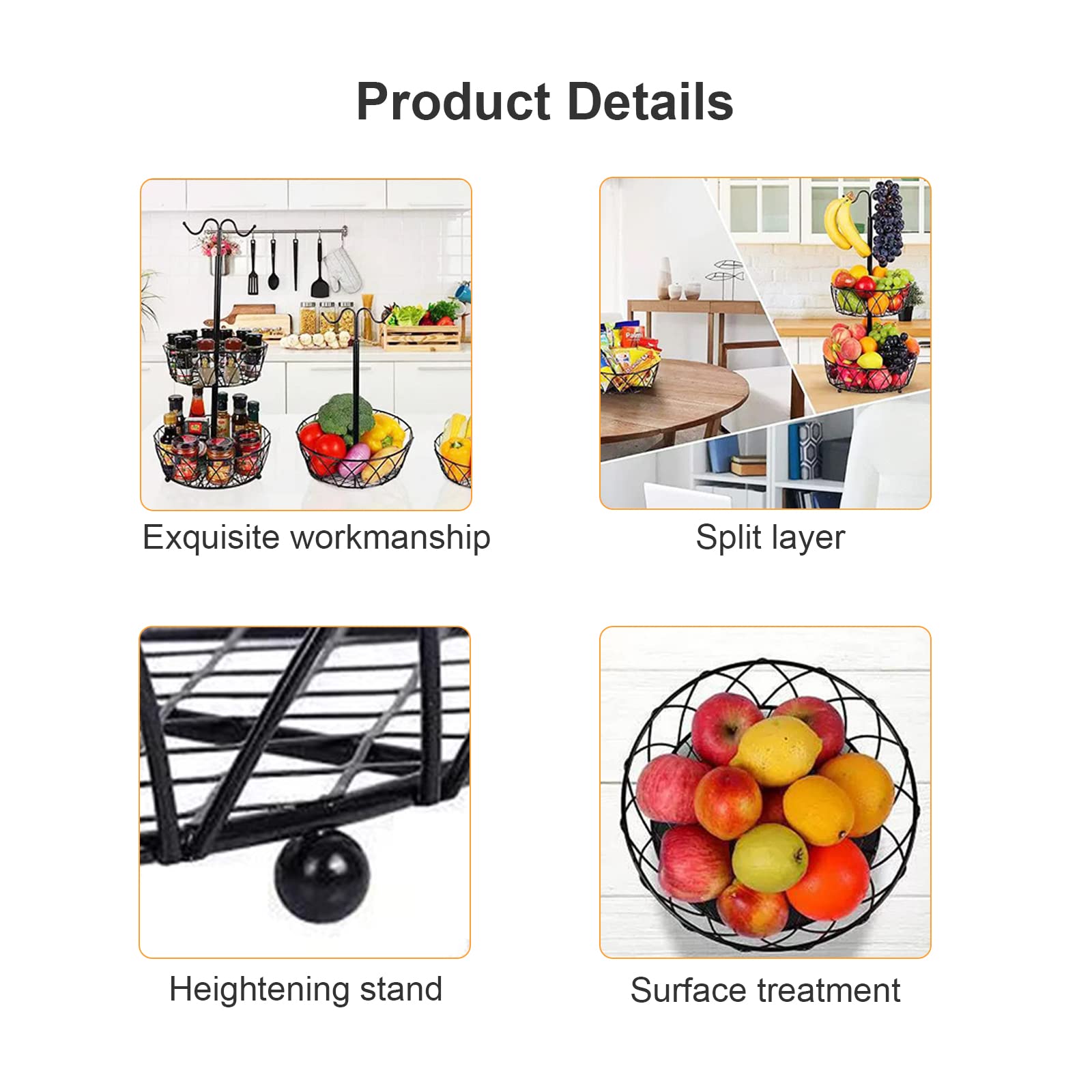 Cesta de Frutas de 2 Niveles con Colgador de Plátano, Alambre de Metal, Cesta de Almacenamiento de Frutas Y Verduras, Soporte Organizador de Frutas Extraíble, Soporte Grande para Cuencos de(A)
