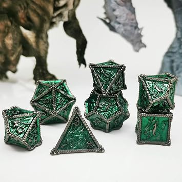 Metal Ejderha Zar Seti DND 7 Set Zar Rol Yapma Zar D&D Zindanlar ve Ejderhalar (Siyah Nikel Yeşili)
