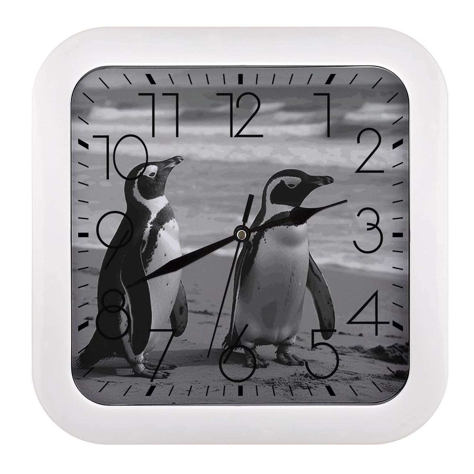 JTREHY Penguin Standing on The Beach Wall Clock The Sound is Soft Square Timepiece Fashion Precise Easy to Read Numbers | Perfect Living Room Kitchen Or Office Clocks
