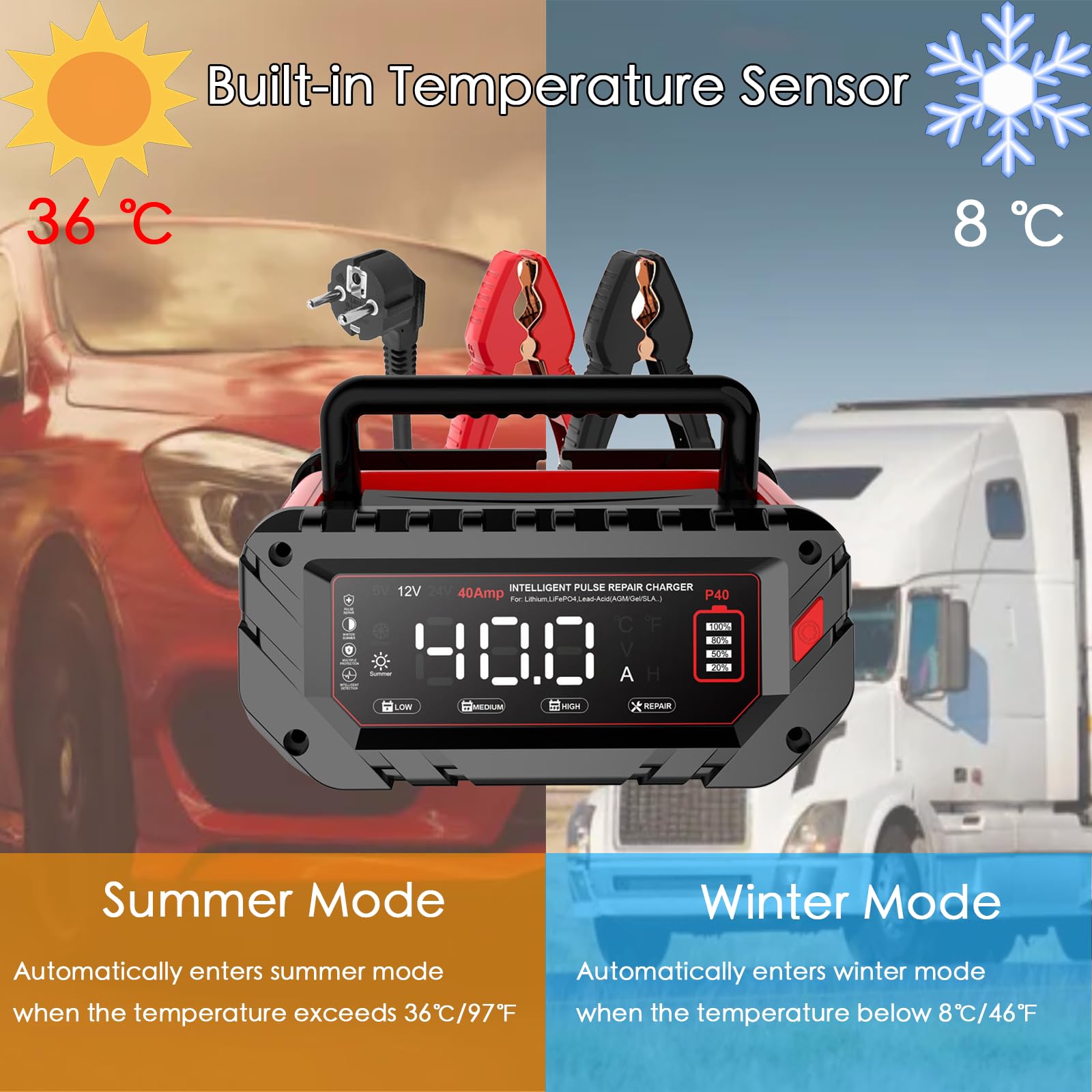 Cargador de Batería Coche Inteligente WARMFORWEL P40 40A, 6V/12V/24V Pulse para Litio/LiFePO4/AGM/Plomo, con Pantalla LCD y Control Temperatura para Camión Motocicleta