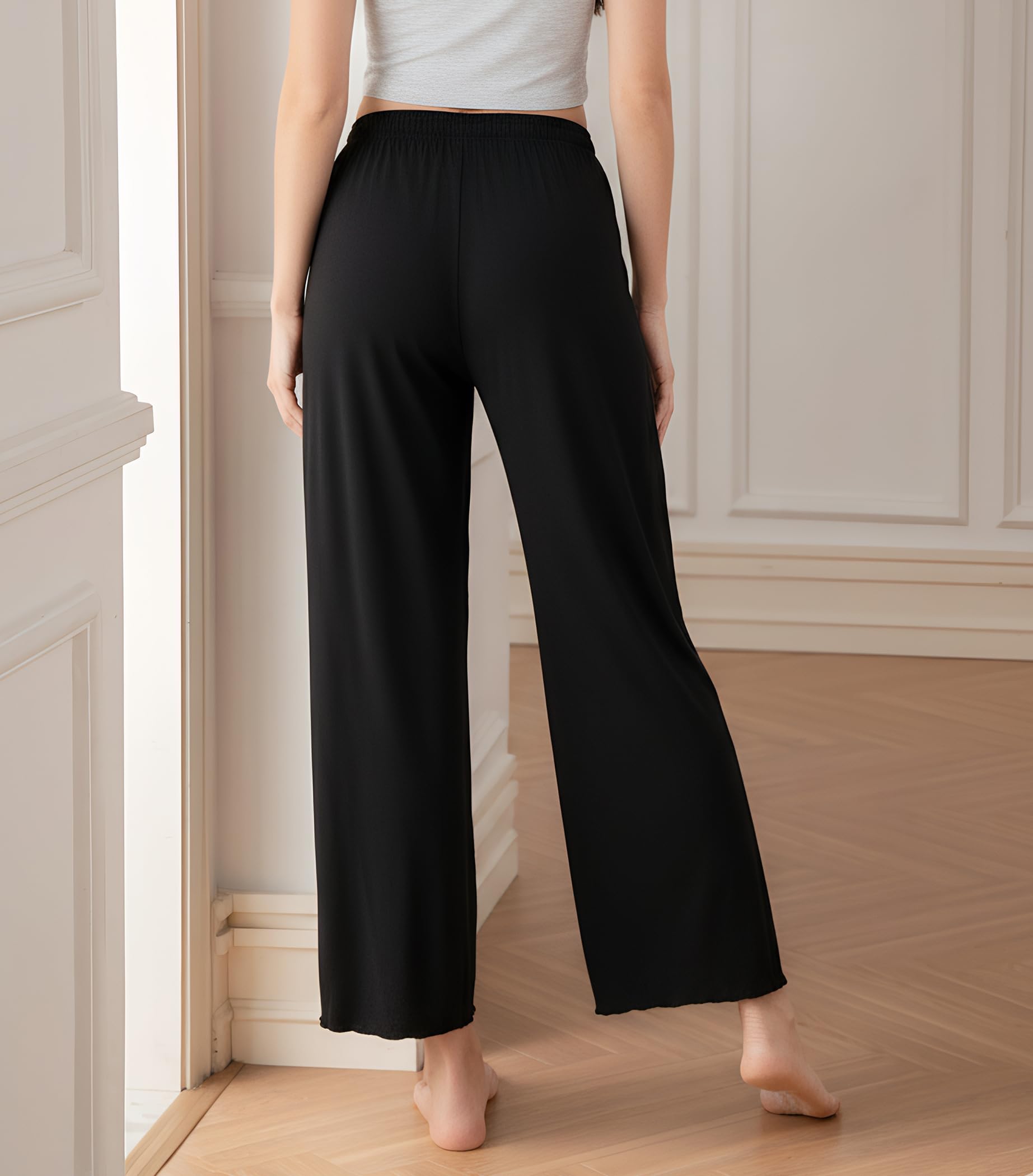 DAVID ARCHY Pantalones de pijama para mujer, de rayón de bambú, cómodos, con cordón, pantalones de descanso de pierna ancha con bolsillos, Negro y azul marino., M