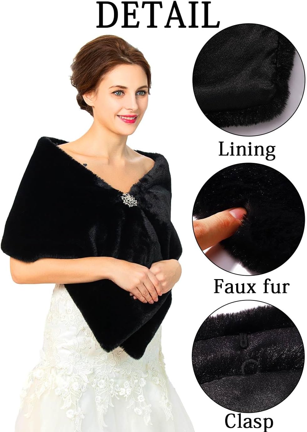 Women's 1920s Wedding Faux Fur Shawls and Wraps Bridal Winter Fur Stoles Scarfs with Brooch for Bride - Image 4