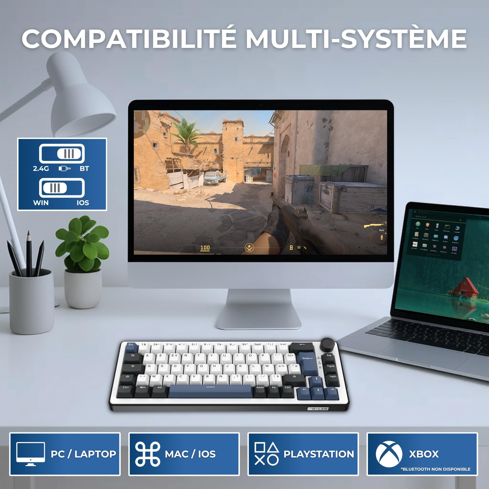 The G-Lab Keyz Elite 200 BW - Tastiera Gamer senza fili meccanica | Formato 65%, Interruttore Hot Swap Prelubrificato, 100% Custom, AZERTY FR