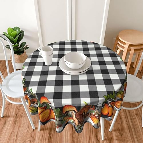 Miniatura 5 de Mantel redondo de otoño de Acción de Gracias, diseño de calabaza de otoño, 60 pulgadas, color negro, blanco, gris, búfalo, lavable, para vacaciones,