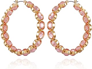 GUESS Goldtone Light Pink Crystal Glass Stone Hoop Earrings