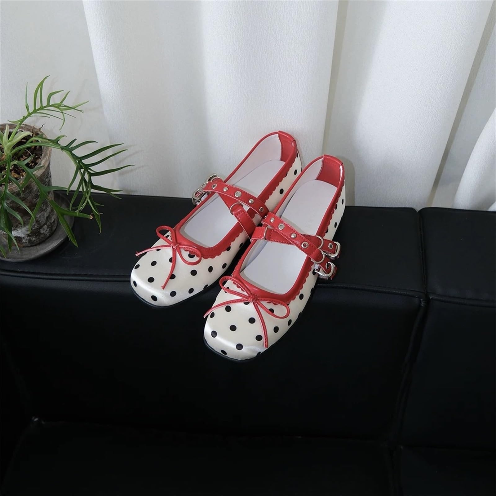 Scarpe Mary Jane A Pois Rossi Raso Suola Morbida Ballerine Donna