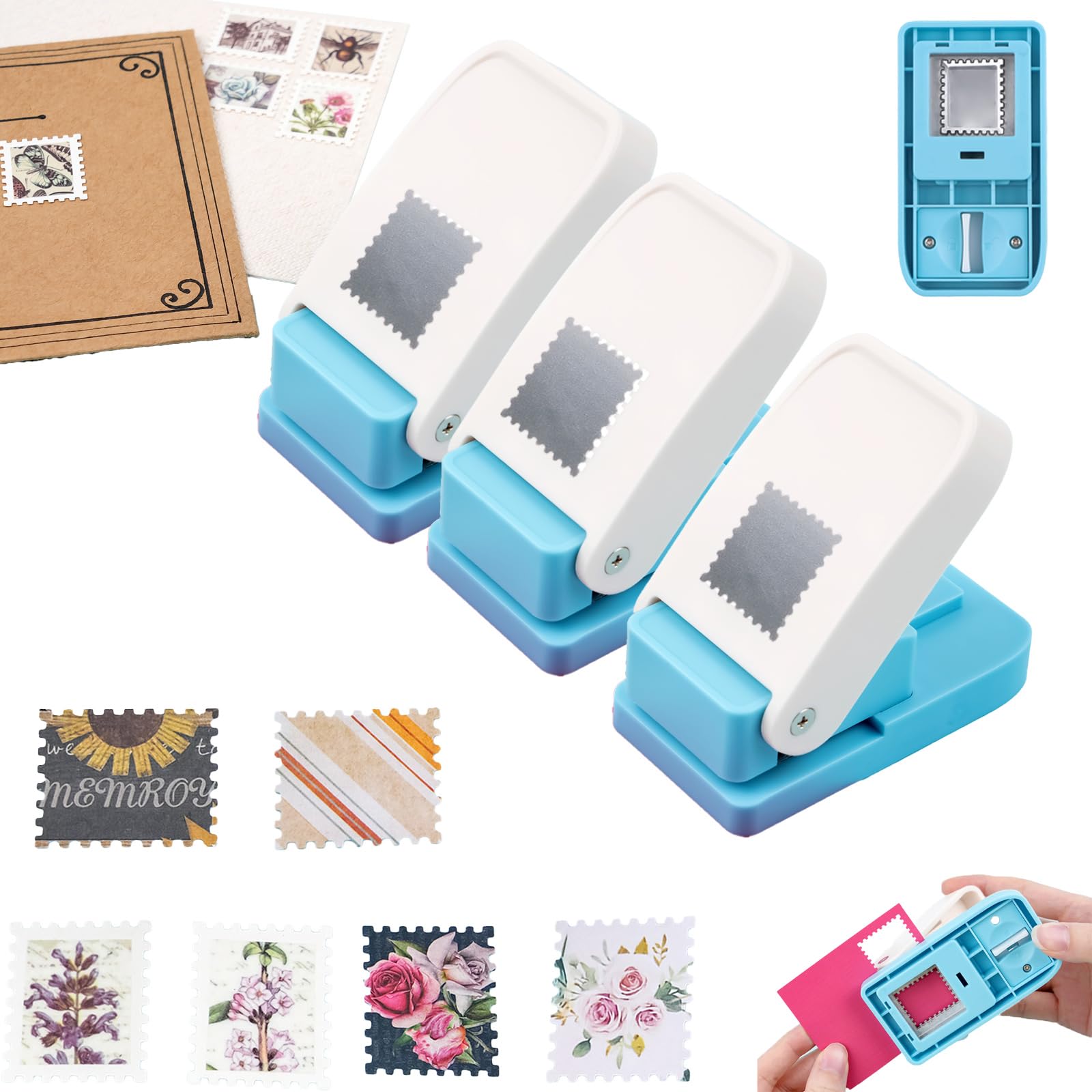 BAOFALI 3Pcs Stamp Puncher, Stamp Punch 1X0.8inch Rectangular Postage Stamp Punch, Scalloped Rectangle Lever Action Paper Punches for Crafting Scrapbooking DIY Scrapbooking Journaling Card Making